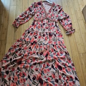 Floral V-Neck Maxi Dress in Pink and Coral